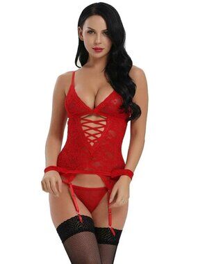 Women's Sexy Lingerie Lace Mesh Corset V-Neck Teddy Babydoll Sleepwear Thong Set